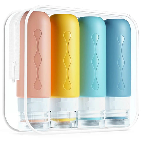 Leak Proof TSA Approved Travel Bottles Set For Toiletries in a clear case, refillable containers for shampoo, lotion, soap, cosmetics.