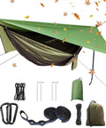 Double Parachute Nylon Camping Hammock Set With Rain Fly Tarp Mosquito Net And Tree Straps Lightweight Dope Gear displayed outdoors