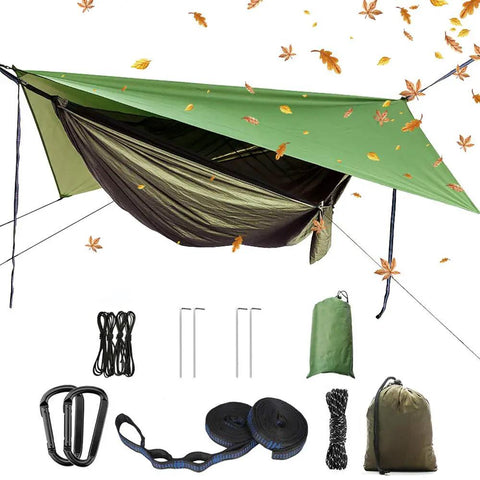 Double Parachute Nylon Camping Hammock Set With Rain Fly Tarp Mosquito Net And Tree Straps Lightweight Dope Gear displayed outdoors