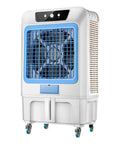 Heavy Duty Commercial Grade Jumbo Windowless Evaporative Air Cooler With Eight Ice Packs Ninety Degree Swivel Oscillation Three Speed Swamp Cooler on wheels.