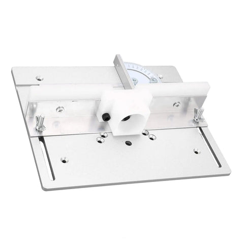Heavy Duty Aluminum Router Table Insert Plate For Woodworking Benches with scale marks, adjustable arm, silver construction.