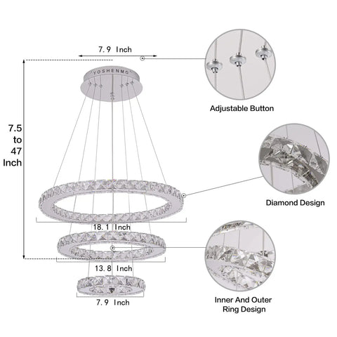 Diagram of Color Changing Crystal Ring LED Pendant Chandelier With Remote Dimmer Rainbow RGB Lighting Adjustable