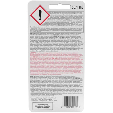 Back of E6000 Plus Multipurpose Clear Glue packaging showing safety and usage instructions, 56.1 ml, for wood, glass, fabric, ceramic, metal.