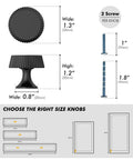 Matte Black Cabinet Knobs 10 Pack Kitchen Drawer Hardware dimensions and screws with sizing guide for home decor.
