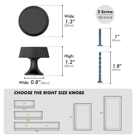 Matte Black Cabinet Knobs 10 Pack Kitchen Drawer Hardware dimensions and screws with sizing guide for home decor.