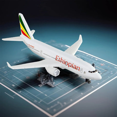 Ethiopian Airlines Model Airplane for Display, Die Cast Alloy Miniature Aircraft on a blueprint-themed tabletop decor