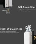 Details of self-grounding and break-off plaster ear features on glossy white single pole decorator light switch 15 amp 120 to 277 volt.