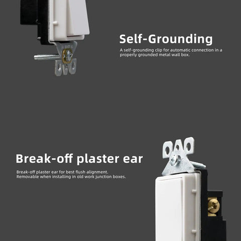 Details of self-grounding and break-off plaster ear features on glossy white single pole decorator light switch 15 amp 120 to 277 volt.