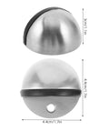 2 Pack No Drill Stick-On Stainless Steel Door Stoppers Punch Free Half Dome Floor Door Stop, dimensions shown, front and side view.