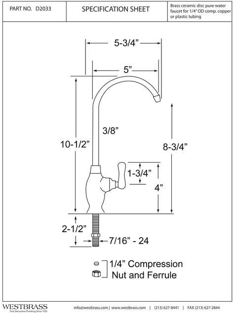Specification sheet for Gooseneck Cold Water Dispenser Faucet With Single Lever Handle, 10 Inch Tall Oil Rubbed Bronze Brass Construction