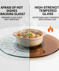 Brown Tempered Glass Lazy Susan Turntable With Heavy Duty Build And Swivel Assist System, Silent 360 Degree Spin For Family Gatherings Banquets Weddings Dinners And Parties, demonstrating high-strength glass against ordinary glass.