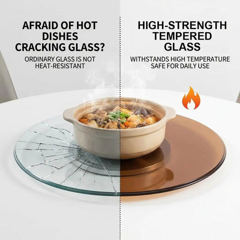 Brown Tempered Glass Lazy Susan Turntable With Heavy Duty Build And Swivel Assist System, Silent 360 Degree Spin For Family Gatherings Banquets Weddings Dinners And Parties, demonstrating high-strength glass against ordinary glass.