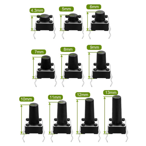 10 assorted heights of 6x6mm tactile push button switch kit with 4 pins micro momentary SPST NO ideal for breadboard Arduino PCB