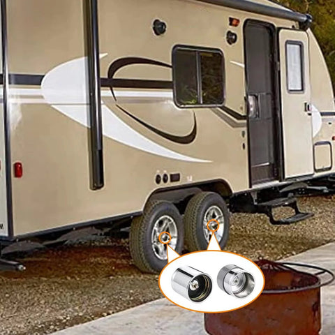 Side view of SDTC Tech trailer wheel bearing protector set; 1.98 in stainless steel dust caps, gray and chrome, 1 pair
