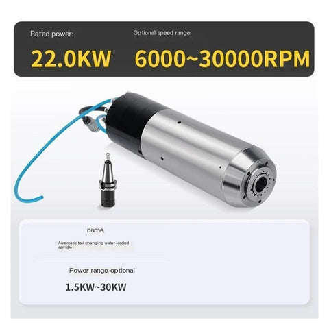 BT30 Automatic Tool Changer Electric Spindle For CNC Engraving And Milling, 22.0KW, shown with RPM range details and connector