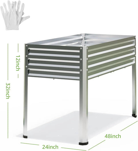 Two Pack Galvanized Raised Garden Bed With Legs For Easy No Bending Gardening, Large Metal Planter Boxes 48 Gallons Each, 48 By 24 By 32 Inches, Drainage Holes, Ideal For Vegetables Flowers Backyard Patio Balcony, shown with gloves