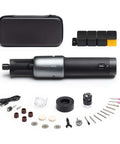 Front view of HOTO 4V cordless rotary tool kit with case and 35 accessories including discs, drums, USB-C cable, bits