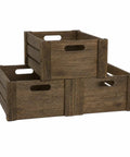 Three Pack Extra Large Rustic Wooden Crates For Display And Storage Farmhouse Style Nesting Boxes With Handles stacked view.
