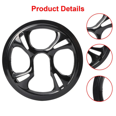 Rugged Bike Chain Guard Protector For Mountain Road And City Bikes, black plastic, circular design, close-up details, 4-hole mount.