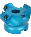 Front view: CNC lathe face mill in blue aluminum-alloy with four flutes and central bore