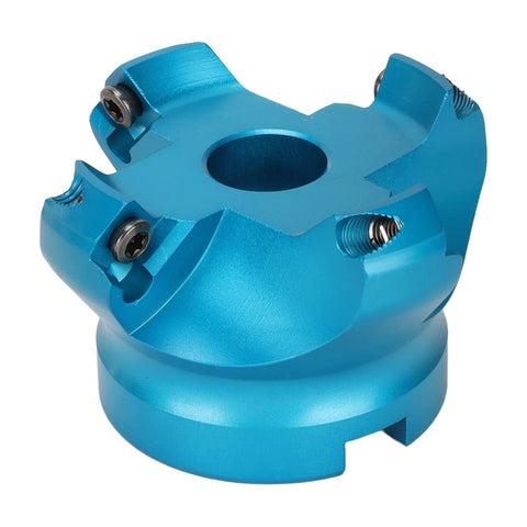 Front view: CNC lathe face mill in blue aluminum-alloy with four flutes and central bore