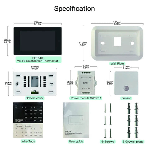 Diagram showing components of WiFi Smart Thermostat With C-Wire Adapter for Easy No Fuss Home Climate Control including sensor and parts.