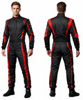Front and back view of Unisex Kart Racing Suit For Adults in black with red stripes, lightweight breathable go-kart driving gear.