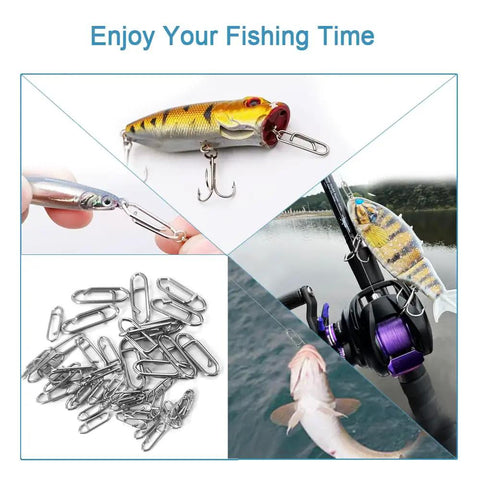 Two Hundred Piece Fishing Power Speed Clips Set With Upgraded Stainless Steel Quick Release Swivels Snap Clips For Lures Ideal For Freshwater And Saltwater Tackle Includes S M L Sizes In Clear Box For Easy Tackle Box Organization, showing usage with various lures and setups.