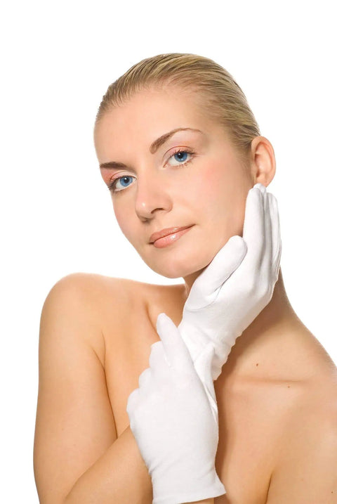 Woman wearing white cotton gloves set for women and men all day comfort breathable 70 30 cotton polyester blend one size fits most