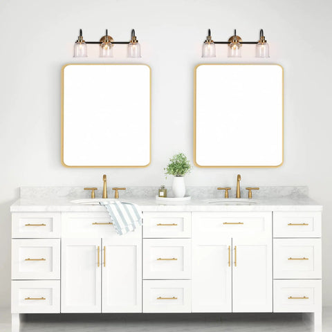Modern 3 Light Seeded Glass Vanity Light Fixture In Matte Black And Brushed Brass Finish With A Circular Backplate And Three Arched Arms Ideal For Master Bathrooms Or Powder Rooms Spruces Up Your Bathroom With A Dope Mid Century Modern Vibe above double sink vanity