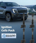 UF756 Ignition Coil Pack With Iridium Spark Plugs Kit displayed with SUV on highway background