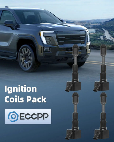 UF756 Ignition Coil Pack With Iridium Spark Plugs Kit displayed with SUV on highway background