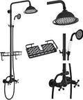 Matte Black 8 Inch Rain Shower Head Kit With Dual Functions Wall Mount Exposed Faucet Double Cross Handles Built In Shelf Adjustable Ceramic Cartridges And Handheld Sprayer Shower System