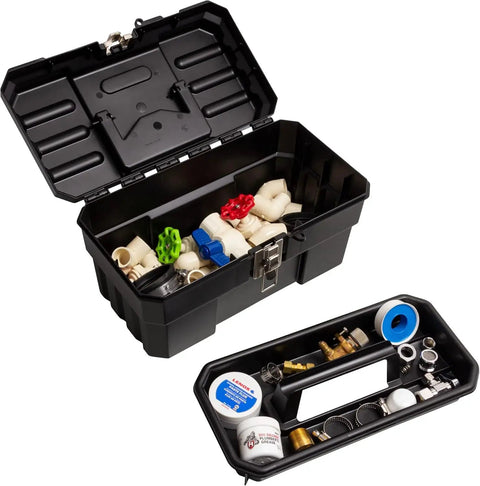 14 Inch Built Tough Heavy Duty Plastic Toolbox With Removable Tray, Steel Latch And Padlock Eye For Tools, Crafts, First Aid And Hobby Supplies, Industrial Grade Storage, Portable Box, Made In USA, Black, open with tray