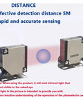 Image of a 5-Meter Detection Gate Safety Photocell Sensor for garage doors, showing the infrared beam and sensor design, DC12-24V operation.