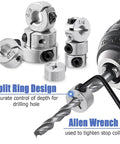 Drill Bit Depth Stop Collar Pro Grade Kit Built Tough With Eight Sizes and 3mm Allen Wrench in use for precise drilling