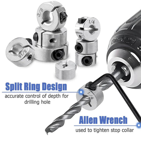 Drill Bit Depth Stop Collar Pro Grade Kit Built Tough With Eight Sizes and 3mm Allen Wrench in use for precise drilling