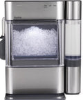 Front view of GE Profile Opal 2.0 nugget ice maker in stainless steel with side water tank and scoop.