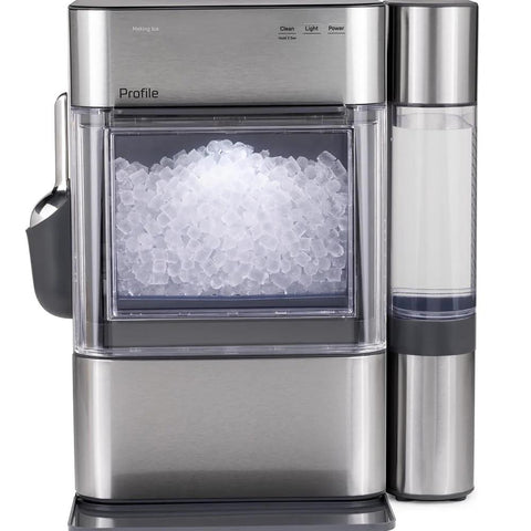 Front view of GE Profile Opal 2.0 nugget ice maker in stainless steel with side water tank and scoop.