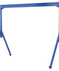 Heavy Duty Adjustable Height Gantry Crane With 2000 Lb Capacity And Locked Nylon Casters Built Like A Tank For Moving Big Loads Around Shop Floors Glides Super Smooth; blue steel frame design.