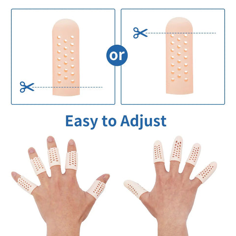 Two hands with Gel Finger Cots Sixteen Piece Set Silicone Finger Protectors demonstrating cut-to-fit adjustability for comfort