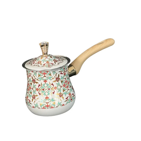 Stainless Steel Turkish Coffee Pot And Milk Warmer With Long Wooden Handle, Multipurpose Butter Melter, Kitchen Accessory, 550ml, Red Pattern
