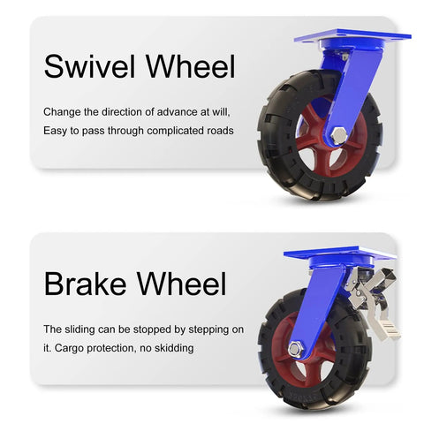 Heavy Duty Swivel Caster Wheel Set Of 4 With Rock Solid Rubber Tires And Dual Lock Brakes For Smooth Silent Rollout 2000 Lb Capacity Per Unit showing swivel and brake design.