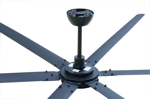 78 Inch Six Blade Ceiling Fan Powered By A Durable Brushless Dc Motor Delivering Badass Cooling Energy Right To Your Garage Or Backyard Pushing Raw Airflow Up To 11896 Cfm Reversible Structure Paired With An IrRemote Controller Rolls Super Smooth, showing six black blades and motor.