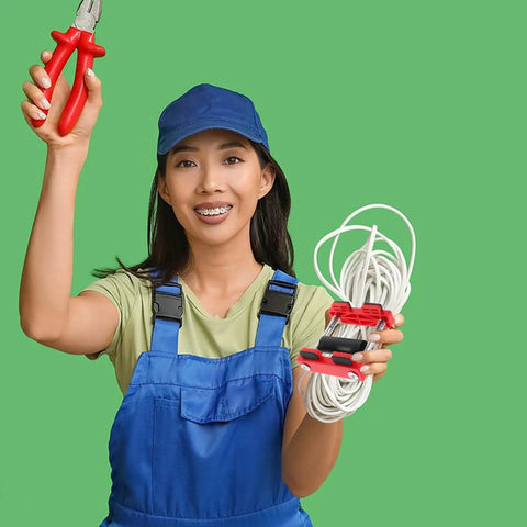 Electrician Pro Grade Cable Threading Tool With Time Saving Design And Versatile Compatibility For Wire And Cable Pulling In Junction Boxes And Sockets Smooth Cable Movement With Pulley System Easy One Handed Use In Durable Plastic And Steel Build, red cable threading tool in hand
