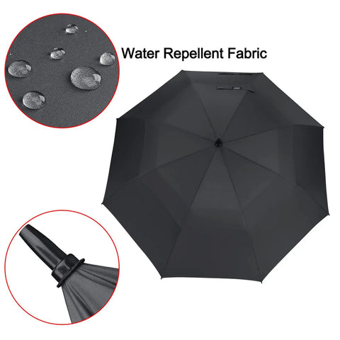 Automatic Open Golf Umbrella 47/54/62/68/72 Inch Oversize Black Windproof Waterproof Double Canopy With Vent shown with water repellent fabric and grip details.