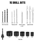 Set of 15 drill bits including HSS twist, masonry, glass, tile, spade drill bits, and hole saw for Beefy 7.5 Amp Corded Hammer Drill.