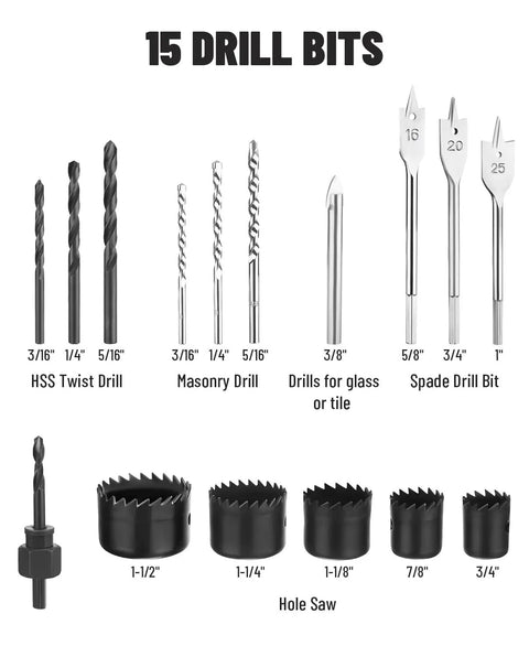 Set of 15 drill bits including HSS twist, masonry, glass, tile, spade drill bits, and hole saw for Beefy 7.5 Amp Corded Hammer Drill.