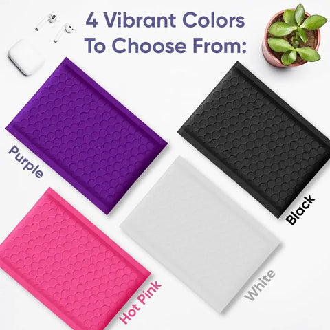 Large 10.5x16 Inch Poly Bubble Mailers With Self Seal Air Lined Cushioned Envelopes in four colors: purple, black, hot pink, white