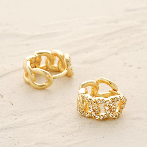 Gold Huggie Hoop Earrings For Women With Chunky Link Chain Cubic Zirconia 14K Gold Plated Hypoallergenic Everyday Jewelry